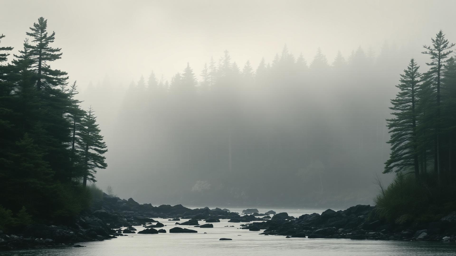 Foggy Maine coastline with pine forest